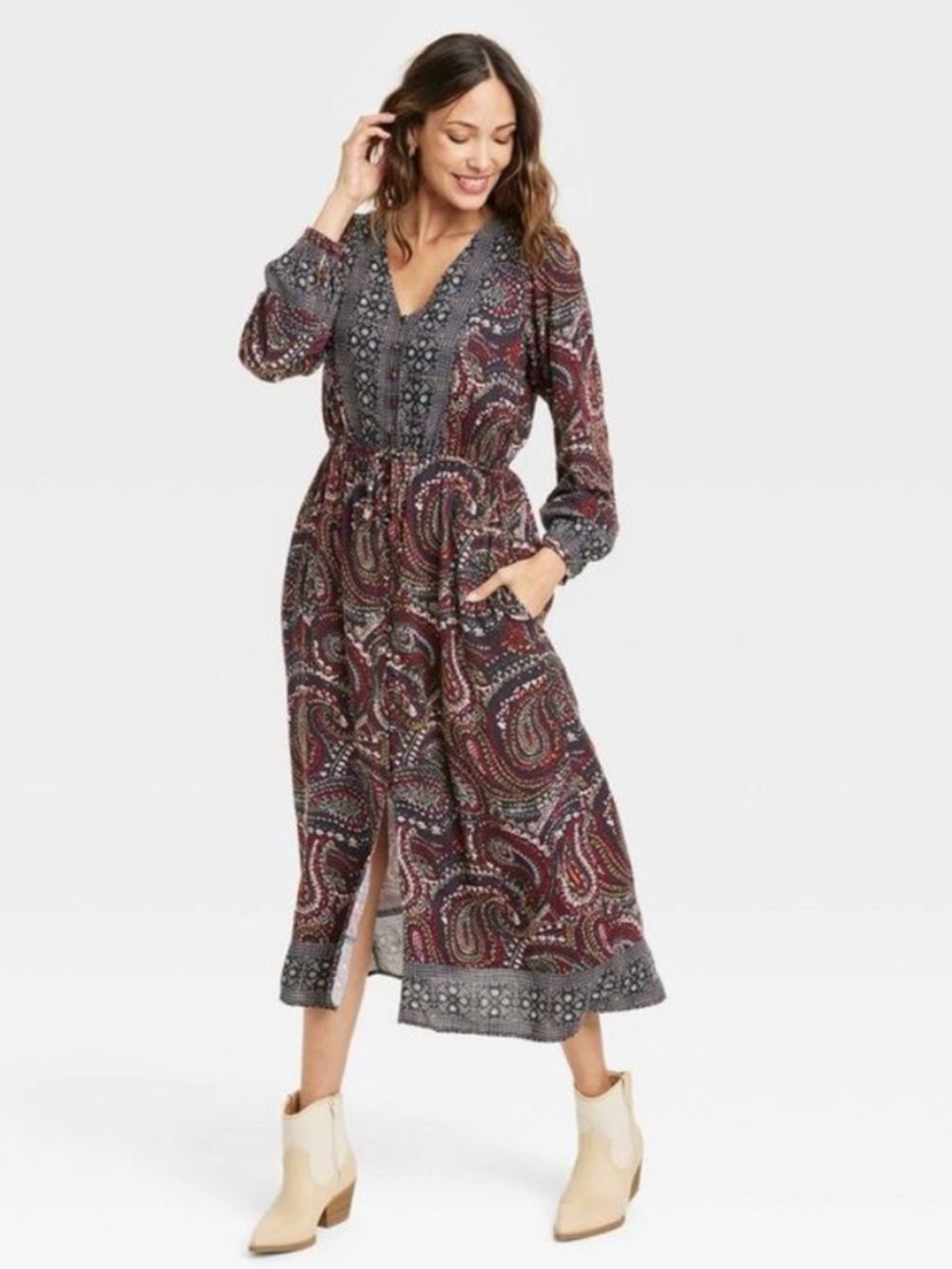 Knox Rose Paisley Midi Dress in Burgundy and Gray - Picture 1 of 3